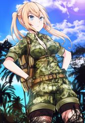 Rule 34 | 1girl, backpack, bag, belt, bike shorts, blonde hair, blue eyes, breasts, camouflage, cleavage, cowboy shot, day, dutch angle, forest, gloves, hands on own hips, highres, lens flare, long hair, looking afar, medium breasts, nature, no bra, onishima homare, outdoors, palm tree, short sleeves, shorts, sky, solo, sounan desuka?, standing, tanashi (mk2), tree, twintails
