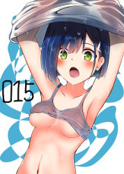 Rule 34 | 10s, 1girl, :o, amagami (makise tsubaki), areola slip, armpits, arms up, blue hair, blush, bra, breasts, character name, clothes lift, collarbone, darling in the franxx, green eyes, grey bra, grey shirt, hair ornament, hairclip, highres, ichigo (darling in the franxx), lifting own clothes, looking at viewer, medium breasts, navel, open mouth, shirt, shirt lift, short hair, stomach, sweat, tareme, two-tone background, underwear, undressing, upper body, wet, wet hair