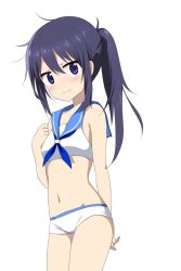 Rule 34 | 10s, 1girl, bare arms, black hair, blue eyes, blush, bra, cowboy shot, hair between eyes, hand on own chest, himouto! umaru-chan, long hair, looking away, looking to the side, messy hair, motoba kirie, navel, panties, ponytail, sailor collar, simple background, sketch, solo, stomach, underwear, underwear only, white background, yada (xxxadaman)