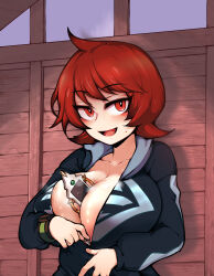 Rule 34 | 1girl, arc phone, arezu (pokemon), between breasts, breasts, commentary request, creatures (company), game freak, highres, jacket, korean commentary, large breasts, looking at viewer, mixed-language commentary, naughty face, nintendo, open clothes, open jacket, pokemon, pokemon legends: arceus, red eyes, red hair, seductive smile, sexually suggestive, short hair, smile, solo, uncolorcube
