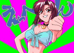 Rule 34 | 1girl, aliasing, animahjong, animahjong x, animated, animated gif, bare shoulders, breasts, cleavage, collar, earrings, facing viewer, game cg, green background, grin, gyronny, hand on own hip, hoop earrings, jewelry, looking at viewer, lowres, medium breasts, miyabi (animahjong), narrow waist, no bra, purple background, purple hair, red eyes, short hair, smile, smug, solo, sunburst, talking, thumbs down, two-tone background, underboob, upper body