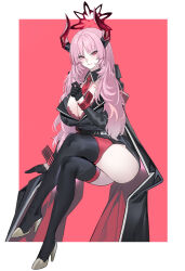 Rule 34 | 1girl, absurdres, armband, black gloves, black thighhighs, blue archive, bra, breasts, cleavage, crossed legs, demon horns, echj, gloves, halo, high heels, highres, horns, large breasts, long hair, looking at viewer, military, military uniform, mole, mole on breast, necktie, pink hair, red armband, red bra, red eyes, red necktie, satsuki (blue archive), solo, thighhighs, underwear, uniform