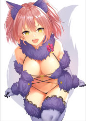 Rule 34 | 1girl, animal ears, anza tomo, breasts, cleavage, cosplay, elbow gloves, fate/grand order, fate (series), fur collar, fur trim, gloves, halloween costume, highres, idolmaster, idolmaster cinderella girls, jougasaki mika, large breasts, looking at viewer, mash kyrielight, mash kyrielight (dangerous beast), mash kyrielight (dangerous beast) (cosplay), navel, o-ring, o-ring top, official alternate costume, open mouth, pink hair, purple gloves, purple thighhighs, revealing clothes, smile, solo, thighhighs, wolf ears, yellow eyes