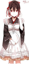 Rule 34 | 10s, 1girl, alternate costume, apron, bad id, bad pixiv id, holding, holding dish, holding plate, ise (kancolle), japanese clothes, kantai collection, lace-trimmed apron, lace trim, maid, maid apron, plate, red medicine, ribbon-trimmed sleeves, ribbon trim, scratching cheek, simple background, smile, solo, wa maid