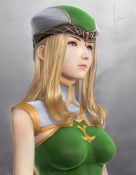 Rule 34 | 1girl, 3d, bare shoulders, blonde hair, blue eyes, breasts, forehead jewel, freya (valkyrie profile), hat, highres, kylda, lips, realistic, signature, solo, upper body, valkyrie profile (series)
