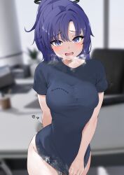 Rule 34 | 1girl, absurdres, arm behind back, awnw, black shirt, blue archive, blurry, blurry background, blush, bottomless, breasts, breath, commentary request, covering crotch, covering privates, cum, cumdrip, halo, highres, indoors, looking at viewer, medium breasts, purple eyes, purple hair, shirt, shirt tug, short sleeves, solo, steaming body, sweat, twitter username, yuuka (blue archive)