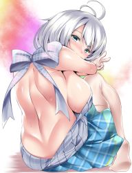 Rule 34 | .live, 1girl, ahoge, back, backboob, backless outfit, bare shoulders, blue eyes, blush, bow, breasts, circussion, covered mouth, from behind, large breasts, looking at viewer, looking back, short hair, sideboob, dennou shoujo siro, sitting, skirt, sleeveless, solo, thighhighs, v, virtual youtuber, white hair