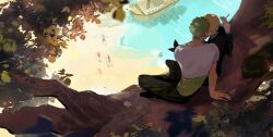 Rule 34 | 2boys, beach, black pants, black suit, blonde hair, blue shirt, cigarette, cropped legs, formal, from above, green hair, highres, in tree, kiss, male focus, multiple boys, one piece, outdoors, pants, roronoa zoro, sanji (one piece), sanmuyun, shirt, short hair, sitting, sitting in tree, suit, tree, white shirt, yaoi
