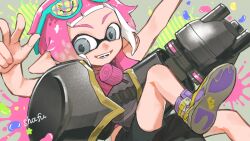 Rule 34 | 1other, absurdres, androgynous, arm up, artist name, bike shorts, blue-framed eyewear, eyewear on head, fangs, glasses, grey eyes, highres, inkling, inkling player character, looking to the side, nautilus (splatoon), nintendo, open mouth, outstretched arms, pink hair, pink shirt, pointy ears, shafu, shirt, short hair, shorts, splatoon (series), splatoon 3, spread arms, tentacle hair, v
