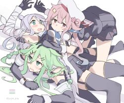 Rule 34 | 4girls, all fours, bandages, beret, black gloves, black ribbon, black serafuku, black shirt, black skirt, black thighhighs, blue neckerchief, braid, elbow gloves, garter straps, gloves, green eyes, green hair, green neckerchief, grey hair, hair between eyes, hair flaps, hair ornament, hairclip, harusame (kancolle), hat, kantai collection, long hair, mole, mole under eye, multiple girls, neckerchief, pink hair, pleated skirt, red eyes, ribbon, sailor collar, sailor shirt, school uniform, serafuku, shirt, side ponytail, single braid, skirt, sleeveless, sleeveless shirt, sugue tettou, thighhighs, twin braids, umikaze (kancolle), umikaze kai ni (kancolle), very long hair, white headwear, white sailor collar, yamakaze (kancolle), yamakaze kai ni (kancolle)