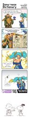 Rule 34 | 1boy, 1girl, 4koma, art shift, bird, blue eyes, blue hair, book, breasts, cleavage, coin, comic, emphasis lines, gradient hair, hands on own chest, hat, highres, hokuto no ken, huge breasts, jojo no kimyou na bouken, league of legends, long image, multicolored hair, nestkeeper, one eye closed, pad, parody, peanuts (comic), red eyes, short twintails, snoopy, sona (league of legends), swain (league of legends), tall image, twintails, woodstock, you are already dead
