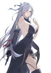 Rule 34 | 1girl, absurdres, bare shoulders, black dress, black gloves, black sleeves, black thighhighs, blue ribbon, breasts, character request, cleavage, closed mouth, commentary request, cup, detached sleeves, dress, gloves, grey hair, hair between eyes, hair ribbon, highres, holding, holding cup, honkai: star rail, honkai (series), kittf, looking at viewer, medium breasts, red eyes, ribbon, simple background, single glove, solo, thighhighs, thighs, white background