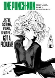 Rule 34 | 1boy, 1girl, bald, black dress, boots, breasts, cape, copyright name, cover, cover page, curly hair, dress, english text, eyelashes, gloves, hands in pockets, long sleeves, looking at viewer, lying, manga cover, monochrome, murata yuusuke, official art, on side, one-punch man, pelvic curtain, second-party source, small breasts, tatsumaki