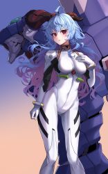 Rule 34 | 1girl, absurdres, ahoge, artist request, ayanami rei, blue hair, bodysuit, breasts, check artist, commentary request, cosplay, curled horns, eva 01, evangelion: 3.0+1.0 thrice upon a time, eyebrows hidden by hair, feet out of frame, ganyu (genshin impact), genshin impact, hand on own chest, hand up, highres, horns, humanoid robot, koku makeutu, korean commentary, long hair, looking at viewer, mecha, medium breasts, neon genesis evangelion, parted lips, pilot suit, plugsuit, rebuild of evangelion, red eyes, robot, solo, standing, thighs, very long hair, white bodysuit