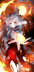 Rule 34 | 1girl, absurdres, bow, burning clothes, collared shirt, commentary, feet out of frame, fire, fujiwara no mokou, full moon, grey hair, grin, hair bow, highres, long hair, looking at viewer, moon, ofuda, ofuda on clothes, pants, red bow, red eyes, shirt, smile, solo, suspenders, torn clothes, torn pants, torn shirt, torn sleeves, touhou, two-tone bow, very long hair, vivo (vivo sun 0222), w, white bow, white shirt
