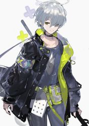 Rule 34 | 1other, absurdres, alchemaniac, androgynous, arene (arknights), arene (casual) (arknights), arknights, black choker, black jacket, bodysuit, choker, closed mouth, cowboy shot, green eyes, grey bodysuit, grey hair, hair over one eye, halo, highres, holding, jacket, looking at viewer, open clothes, open jacket, pantyhose, smile, solo, standing, white background