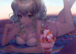 Rule 34 | 10s, 1girl, ass, bare arms, bare legs, beach, bikini, blanket, blue eyes, breast press, breasts, butt crack, cherry, choker, cleavage, closed mouth, collarbone, cream, curly hair, eyelashes, fingernails, food, fruit, glowing, glowing eyes, grey hair, hair between eyes, holding, holding spoon, ice cream, kantai collection, kashima (kancolle), large breasts, legs up, looking at viewer, lying, mins (minevi), mouth hold, nail polish, ocean, on stomach, outdoors, peach, pocky, shade, side-tie bikini bottom, sidelocks, smile, solo, spoon, strawberry, sundae, swimsuit, two side up, utensil in mouth, white bikini