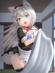 Rule 34 | 1girl, :o, american flag, american flag print, animal ear fluff, animal ears, apron, azur lane, black dress, black thighhighs, bow, breasts, cat ears, cleavage, commentary request, dress, fang, flag print, frilled apron, frills, hair bow, hammann (azur lane), hands up, head tilt, highres, holding, indoors, long hair, open mouth, print neckwear, puffy short sleeves, puffy sleeves, red bow, short sleeves, silver hair, small breasts, solo, standing, thighhighs, u2 (5798239), very long hair, waist apron, white apron