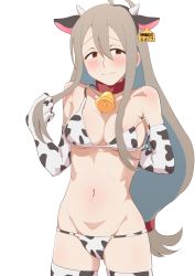 Rule 34 | 1girl, animal ears, animal print, bell, bikini, blush, breasts, cleavage, collar, commentary, cow ears, cow girl, cow horns, cow print, cow print bikini, cowbell, do it yourself!!, ear tag, elbow gloves, fake animal ears, fake horns, gloves, grey hair, highres, horns, large breasts, long hair, looking at viewer, mature female, navel, neck bell, print bikini, red collar, red eyes, simple background, smile, solo, swimsuit, thighhighs, undressing, very long hair, white background, yontomapochi, yua serufu&#039;s mother