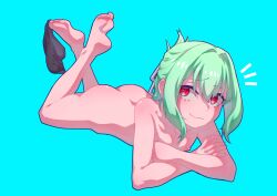 1boy barefoot blue_background completely_nude green_hair hej_(mugmnm51) highres looking_at_viewer lying male_focus nipples nude on_stomach otori-tan red_eyes seitokai_nimo_anawa_aru! soles toes trap