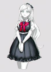Rule 34 | 1girl, black bow, blonde hair, bow, bowtie, braid, breasts, brooch, collared shirt, cropped legs, danganronpa (series), danganronpa 2: goodbye despair, dress, green dress, grey background, hair bow, highres, jewelry, large breasts, long hair, own hands together, puffy short sleeves, puffy sleeves, red bow, red bowtie, shirt, short sleeves, simple background, smile, sonia nevermind, watase (wataxx), white shirt