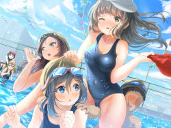 Rule 34 | 1boy, 6+girls, blue eyes, blush, breasts, brown eyes, carrying, carrying person, cleavage, cloud, faceless, faceless male, fence, gluteal fold, goggles, goggles on head, green eyes, long hair, medium breasts, multiple girls, one-piece swimsuit, one eye closed, open mouth, original, outdoors, pool, school swimsuit, sky, small breasts, straddling, swim cap, swimming, swimsuit, tachiinu, water