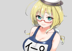 Rule 34 | 1girl, blonde hair, blue eyes, blue one-piece swimsuit, breasts, cleavage, glasses, grey background, hair ribbon, hat, i-8 (kancolle), kantai collection, large breasts, long hair, looking at viewer, name tag, one-piece swimsuit, red-framed eyewear, ribbon, saburou 03, school swimsuit, semi-rimless eyewear, simple background, solo, swimsuit, under-rim eyewear, white hat