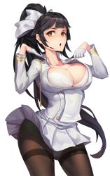 Rule 34 | 1girl, :o, aiguillette, azur lane, black hair, black pantyhose, blunt bangs, blush, bow, bra, breasts, brown eyes, buttons, cleavage, clothes lift, cowboy shot, crotch seam, double-breasted, fanning face, gloves, hair bow, hair flaps, half gloves, highres, hot, jacket tug, large breasts, long hair, looking at viewer, medal, military, military uniform, open clothes, open mouth, open shirt, panties, pantyhose, pantyshot, pleated skirt, ponytail, shirt, sidelocks, simple background, skirt, skirt lift, small-9, solo, standing, sweat, sweatdrop, takao (azur lane), thighband pantyhose, unbuttoned, unbuttoned shirt, underwear, unfastened, uniform, very long hair, white background, white bow, white bra, white gloves, white panties, wind, wind lift