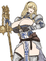 Rule 34 | 1girl, armor, belt, blonde hair, breasts, cleavage, couter, faulds, female knight, flail, gauntlets, highres, houtengeki, huge breasts, knight, leather belt, long hair, looking at viewer, no bra, no panties, open mouth, original, pauldrons, pelvic curtain, shoulder armor, smile, solo, thighs, weapon, yellow eyes