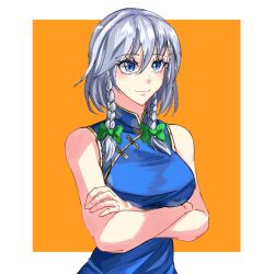 Rule 34 | 1girl, alternate costume, bare arms, bare shoulders, blue dress, blue eyes, blush, braid, breasts, china dress, chinese clothes, commentary, crossed arms, dress, grey hair, hair between eyes, highres, izayoi sakuya, keine (kokoronokoibito), long hair, medium breasts, sleeveless, sleeveless dress, solo, touhou, twin braids, upper body