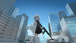 Rule 34 | 1girl, :d, ak-12, assault rifle, black shirt, black skirt, blue sky, brown pantyhose, building, car, character request, chihuri, collared shirt, day, grey eyes, grey hair, gun, highres, holding, holding gun, holding weapon, jacket, kalashnikov rifle, long sleeves, looking at viewer, motor vehicle, one side up, open clothes, open jacket, open mouth, outdoors, pantyhose, rifle, shirt, skirt, sky, skyscraper, smile, solo, vocaloid, weapon, white jacket