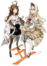 Rule 34 | 2girls, ahoge, artist name, bare shoulders, blonde hair, blue eyes, braid, breasts, brown hair, brown legwear, cleavage, closed mouth, collarbone, corset, crown, dated, detached sleeves, double bun, dress, flower, french braid, full body, grin, hair between eyes, hairband, hand on own hip, headgear, high heels, highres, japanese clothes, kantai collection, kongou (kancolle), long hair, long sleeves, looking at viewer, mary janes, medium breasts, mini crown, multiple girls, nontraditional miko, off-shoulder dress, off shoulder, overskirt, pleated skirt, purple eyes, red flower, red ribbon, red rose, remodel (kantai collection), ribbon, ribbon-trimmed sleeves, ribbon trim, rose, scepter, shoes, simple background, skirt, smile, teeth, thighhighs, v, warspite (kancolle), white background, white dress, white legwear, wide sleeves, yamada rei (rou)