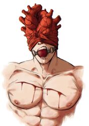 Rule 34 | 1boy, absurdres, bara, blood, cloth gag, cropped torso, cuts, dorohedoro, drooling, gag, gagged, highres, improvised gag, injury, large pectorals, male focus, mask pull, muscular, muscular male, over the mouth gag, pectorals, shin (dorohedoro), smokerichi, solo, teeth