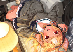 Rule 34 | 1girl, animal ears, barefoot, blonde hair, blush, cat ears, couch, dark-skinned female, dark skin, dress, dutch angle, grey dress, headphones, hololive, itaboon, long hair, long sleeves, looking at viewer, lying, on back, on couch, open mouth, orange eyes, pinstripe dress, pinstripe pattern, sailor collar, sailor dress, shiranui flare, shiranui flare (street), short dress, solo, striped, twisted torso, virtual youtuber
