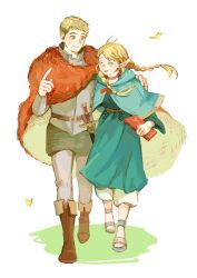Rule 34 | 1boy, 1girl, ^ ^, absurdres, armor, belt, blonde hair, blue capelet, blue dress, book, boots, braid, breastplate, brown eyes, brown footwear, cape, capelet, chinese commentary, chuangtianchuang, closed eyes, commentary request, dress, dungeon meshi, elf, falling leaves, faulds, floating hair, full body, gorget, grey footwear, hand on another&#039;s shoulder, highres, holding, holding book, index finger raised, knee boots, laios touden, leaf, long hair, marcille donato, open mouth, pants, pointy ears, red cape, sandals, short hair, side-by-side, smile, sword, twin braids, walking, weapon, white pants, wind