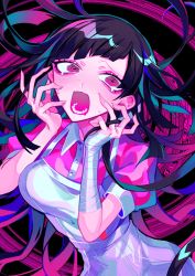 Rule 34 | 1girl, apron, bandaged arm, bandages, black background, blue hair, blush, breasts, commentary request, cowboy shot, crazy eyes, crying, crying with eyes open, danganronpa (series), danganronpa 2: goodbye despair, fangs, floating hair, hands up, highres, himanemuitoma, large breasts, long hair, looking at viewer, lower teeth only, open mouth, pink background, pink eyes, pink hair, pink shirt, puffy short sleeves, puffy sleeves, shirt, short sleeves, skin fangs, solo, tears, teeth, tsumiki mikan, white apron