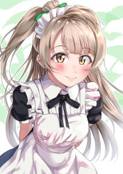 Rule 34 | 1girl, absurdres, alternate costume, apron, arms behind back, black bow, black dress, blush, bow, breasts, brown eyes, brown hair, closed mouth, collared dress, commentary request, dress, enmaided, green bow, hair bow, highres, long hair, love live!, love live! school idol project, maid, maid headdress, medium breasts, minami kotori, one side up, puffy short sleeves, puffy sleeves, shaka (staito0515), short sleeves, sidelocks, smile, solo, very long hair, white apron, white background