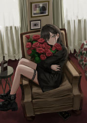 Rule 34 | 1girl, absurdres, black dress, black footwear, black hair, book, boots, bottle, bouquet, closed mouth, curtains, dress, flower, from side, gishiki (gshk), highres, holding, holding bouquet, jewelry, long sleeves, looking at viewer, medium hair, original, painting (object), red flower, red rose, ring, rose, sitting sideways, solo, thigh strap, yellow eyes