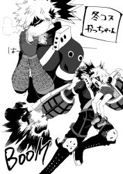 Rule 34 | 2boys, absurdres, bakugou katsuki, bodysuit, boku no hero academia, boots, carrying over shoulder, explosion, gloves, green eyes, greyscale, highres, holding person, knee pads, mask, midoriya izuku, monochrome, multiple boys, open mouth, rapiko, red eyes, shorts, spiked hair, spot color, steam, teeth, aged down