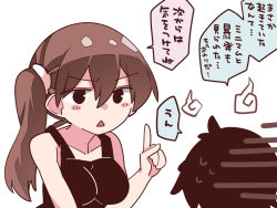 Rule 34 | 1boy, 1girl, :&lt;, black eyes, blush stickers, breasts, brown hair, collarbone, commentary request, hammer (sunset beach), index finger raised, large breasts, looking at another, open mouth, original, ponytail, simple background, sweatdrop, translation request, white background