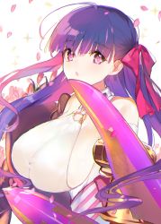 Rule 34 | 1girl, :o, atsumi jun, bare shoulders, belt collar, bow, breasts, cherry blossoms, claws, collar, fate/extra, fate/extra ccc, fate (series), hair bow, hair ribbon, highres, huge breasts, long hair, looking at viewer, parted lips, passionlip (fate), passionlip (third ascension) (fate), pink bow, pink eyes, purple hair, ribbon, sideboob, solo, very long hair