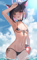 Rule 34 | 1girl, absurdres, alternate costume, animal ears, arm up, armpits, ball, beachball, bikini, black bikini, black choker, black hair, blue archive, blue sky, blush, bob cut, breasts, cat ears, choker, cloud, cloudy sky, collarbone, colored inner hair, commentary request, day, extra ears, hair behind ear, hair ornament, hairclip, halo, hand on own head, highres, holding, holding ball, kazusa (blue archive), linea alba, looking at viewer, madai (mappy), multicolored hair, navel, open mouth, outdoors, pink eyes, pink hair, ribs, short hair, side-tie bikini bottom, sky, small breasts, solo, stomach, swimsuit, teeth, thighs, two-tone hair, underboob, upper teeth only, wading, water