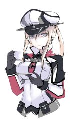 Rule 34 | 10s, 1girl, blonde hair, breasts, coffee, cup, essagna essa, gloves, graf zeppelin (kancolle), hat, highres, jitome, kantai collection, large breasts, long hair, looking at viewer, simple background, solo, white background