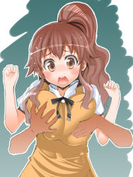 Rule 34 | 1girl, blue background, blush, breasts, brown eyes, brown hair, disembodied hand, eba, grabbing, grabbing another&#039;s breast, large breasts, open mouth, ponytail, ribbon, simple background, solo focus, surprised, sweater vest, taneshima popura, teeth, uniform, waitress, working!!