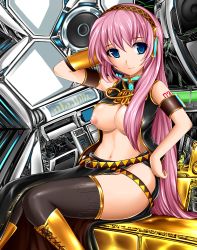 Rule 34 | 1girl, absurdres, bad id, bad pixiv id, blue eyes, breasts, breasts out, hair censor, hair over breasts, headphones, highres, large breasts, long hair, megurine luka, midriff, nipples, no panties, pink hair, solo, thighhighs, thighs, vocaloid, yoshimo