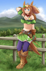 Rule 34 | 1girl, against fence, ahoge, animal ears, blue eyes, blue sky, boots, breasts, brown footwear, brown gloves, brown hair, cleavage, commentary request, cowboy hat, fence, full body, gloves, grass, green skirt, gun, hair between eyes, hair ornament, handgun, hat, hat on back, highres, holstered, horse ears, horse girl, horse tail, large breasts, long hair, looking at viewer, looking to the side, midriff, navel, outdoors, ponytail, purple thighhighs, revolver, skirt, sky, smile, solo, star (symbol), star hair ornament, taiki shuttle (umamusume), tail, thighhighs, umamusume, upper body, weapon, yamada (c57hikaru)