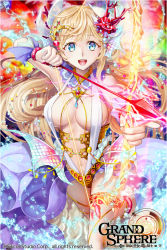Rule 34 | 1girl, aiming, animal ears, arm up, arrow (projectile), bare shoulders, blonde hair, blue eyes, bow (weapon), breasts, company name, copyright name, glowing, grand sphere, green eyes, hair ornament, holding, holding weapon, jewelry, kuroi nyan, large breasts, long hair, multicolored eyes, necklace, official art, one-piece swimsuit, open mouth, original, slingshot swimsuit, solo, swimsuit, water, weapon, white one-piece swimsuit