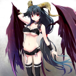 Rule 34 | 1girl, arm behind head, arm up, arms up, bandeau, bare shoulders, belt, black thighhighs, blush, breasts, cleavage, collar, demon girl, demon wings, frilled thighhighs, frills, green hair, grune, highres, horns, large breasts, large wings, long hair, looking at viewer, midriff, navel, open belt, open clothes, original, ponytail, red eyes, short shorts, shorts, smile, solo, thighhighs, underboob, unzipped, very long hair, wings, wristband