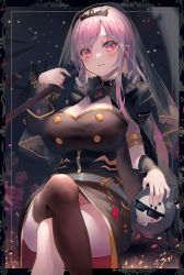 Rule 34 | 1girl, black dress, black jacket, black thighhighs, blush, breasts, cleavage, closed mouth, commentary request, crossed legs, death (entity), dodota, dress, flower, grim reaper, highres, holding, holding scythe, hololive, hololive english, jacket, long hair, looking at viewer, mori calliope, nail polish, petals, pink eyes, pink hair, red flower, scythe, single thighhigh, sitting, solo, spiked jacket, spikes, sunglasses, thighhighs, thighs, tiara, veil, virtual youtuber