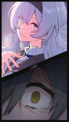 Rule 34 | 2girls, absurdres, black hairband, blue eyes, bow, close-up, crying, crying with eyes open, empty eyes, firefly (honkai: star rail), grey hair, hair bun, hairband, hand on own chest, hand up, highres, honkai: star rail, honkai (series), long hair, looking at viewer, multiple girls, open mouth, signature, smile, split image, spoilers, stelle (honkai: star rail), strings-lover, tears, trailblazer (honkai: star rail)